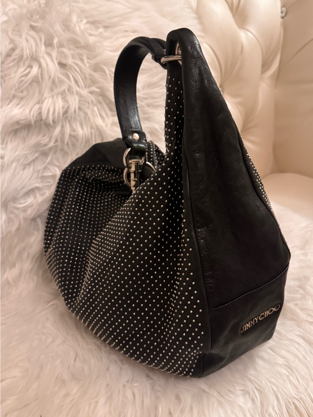 Authentic Jimmy Choo Black LAMBSKIN Studded chic hobo Bag